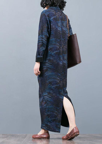 French V Neck Asymmetric Clothes Outfits Blue Print a Line Dress Fall