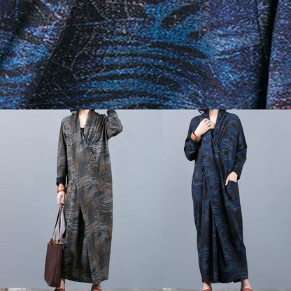 French V Neck Asymmetric Clothes Outfits Blue Print a Line Dress Fall