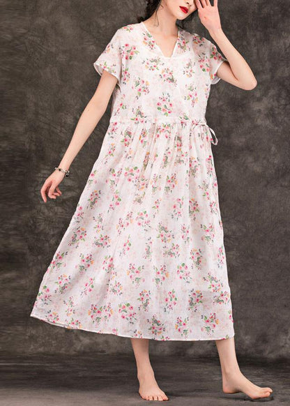 French V Neck Drawstring Linen Robes Tunic Tops Pink Print Dress Summer