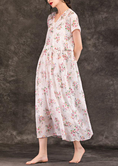 French V Neck Drawstring Linen Robes Tunic Tops Pink Print Dress Summer