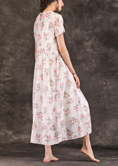 French V Neck Drawstring Linen Robes Tunic Tops Pink Print Dress Summer