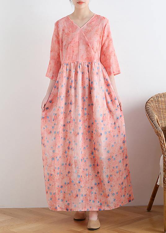 French V Neck Half Sleeve Linen Summer Clothes for Pink Dresses