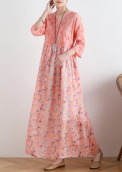 French V Neck Half Sleeve Linen Summer Clothes for Pink Dresses