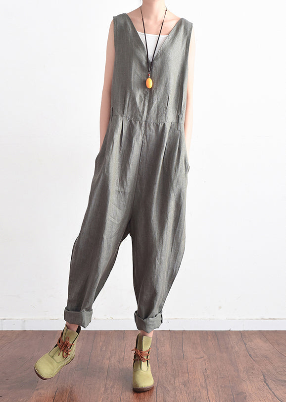 French V Neck Jumpsuit Pants Linen Clothes Outfits Gray Daily Summer
