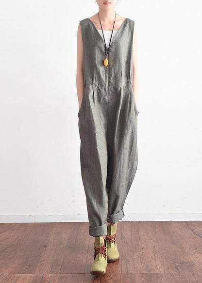 French V Neck Jumpsuit Pants Linen Clothes Outfits Gray Daily Summer
