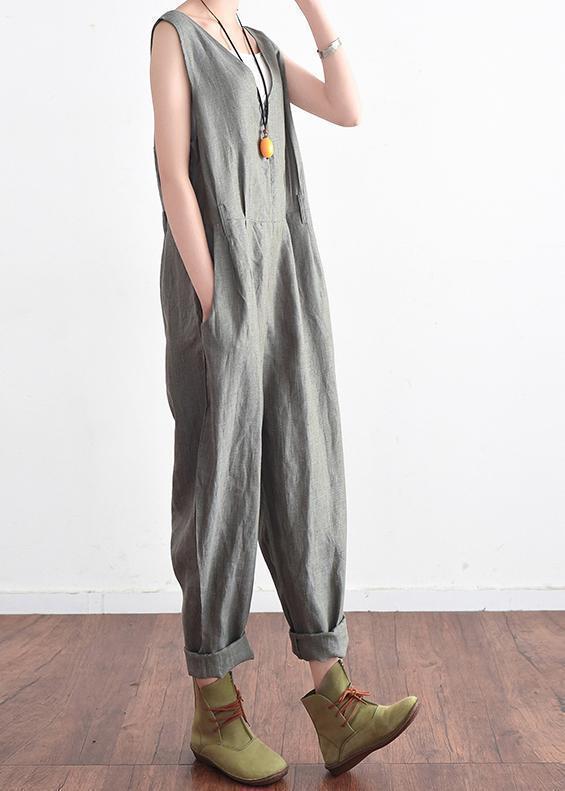 French V Neck Jumpsuit Pants Linen Clothes Outfits Gray Daily Summer