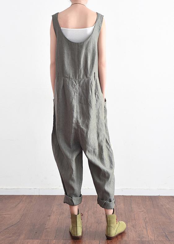 French V Neck Jumpsuit Pants Linen Clothes Outfits Gray Daily Summer