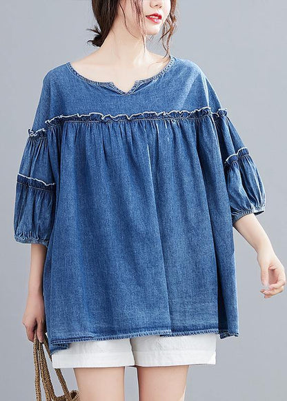 French V Neck Lantern Sleeve Cotton Summer Top Outfits Denim Blue Shirts