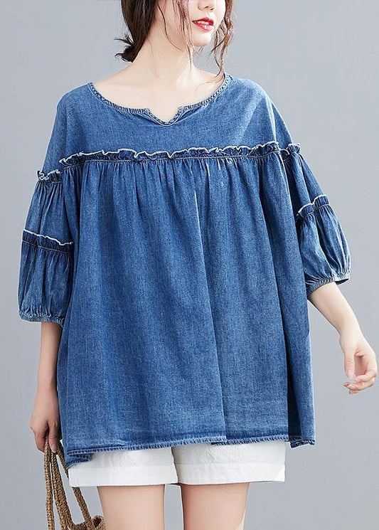 French V Neck Lantern Sleeve Cotton Summer Top Outfits Denim Blue Shirts