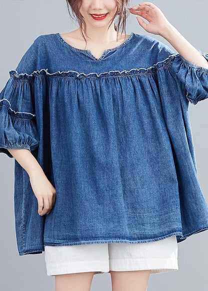 French V Neck Lantern Sleeve Cotton Summer Top Outfits Denim Blue Shirts