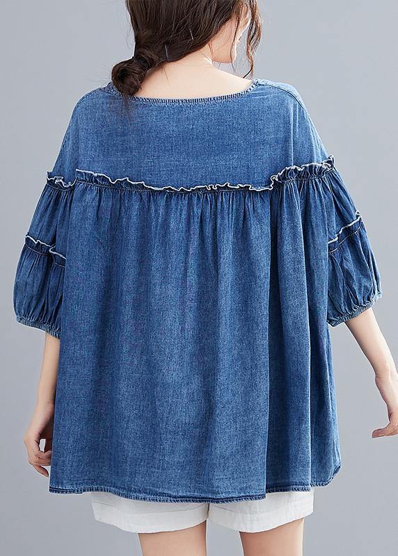 French V Neck Lantern Sleeve Cotton Summer Top Outfits Denim Blue Shirts