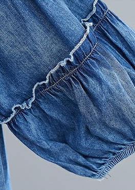 French V Neck Lantern Sleeve Cotton Summer Top Outfits Denim Blue Shirts