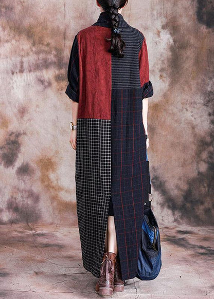 French V Neck Linen Long Shirts Pattern Plaid Patchwork Dress Fall