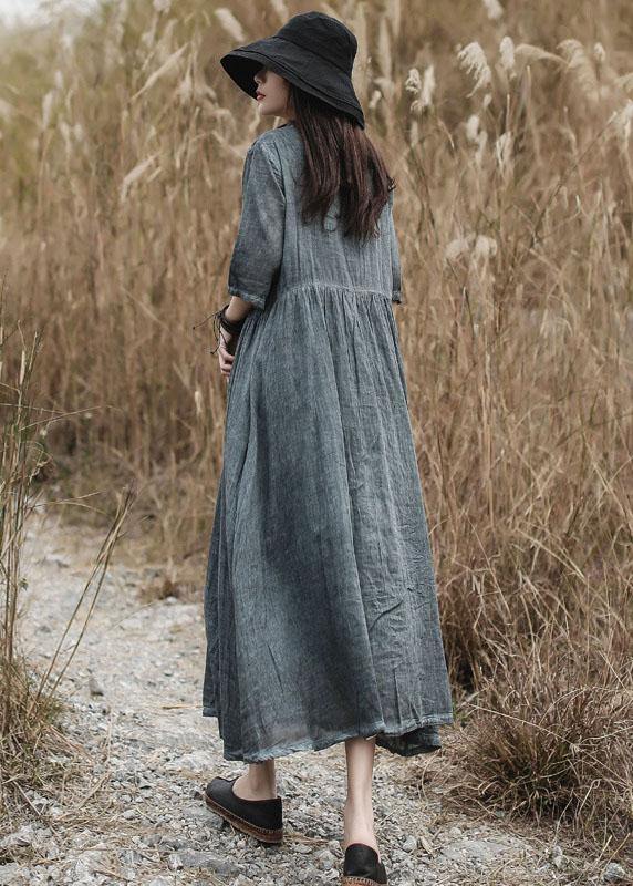 French V Neck Linen Clothes for Catwalk Gray Dress Summer