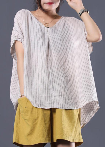 French V Neck Linen Tunic Pattern Sleeve White Striped Shirt Summer