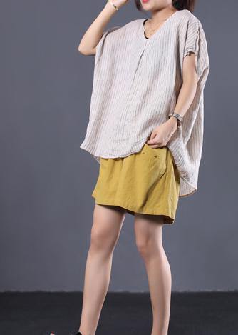 French V Neck Linen Tunic Pattern Sleeve White Striped Shirt Summer