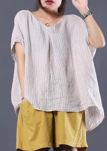 French V Neck Linen Tunic Pattern Sleeve White Striped Shirt Summer
