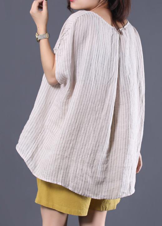 French V Neck Linen Tunic Pattern Sleeve White Striped Shirt Summer