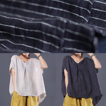French V Neck Linen Tunic Pattern Sleeve White Striped Shirt Summer