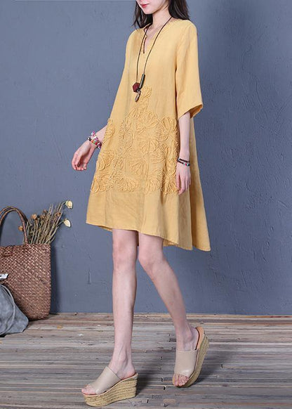 French V Neck Low High Design Linen Summer Dresses Shirts Yellow Dress