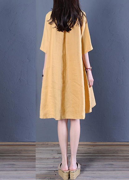 French V Neck Low High Design Linen Summer Dresses Shirts Yellow Dress
