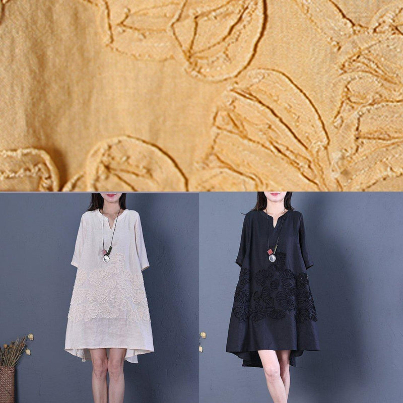 French V Neck Low High Design Linen Summer Dresses Shirts Yellow Dress
