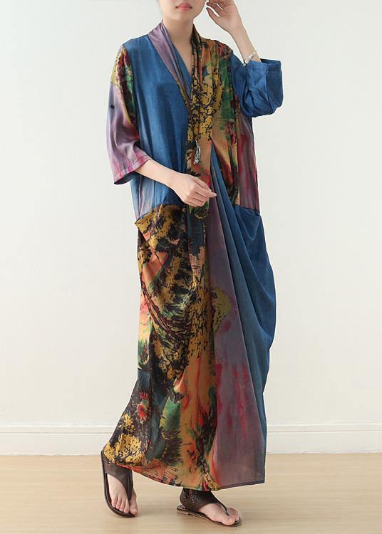 French V Neck Patchwork Chiffon Spring Blue Print Cotton Dresses