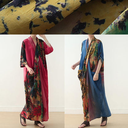 French V Neck Patchwork Chiffon Spring Blue Print Cotton Dresses