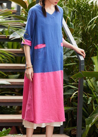 French V Neck Patchwork Linen Clothes for Blue Print Dress Summer