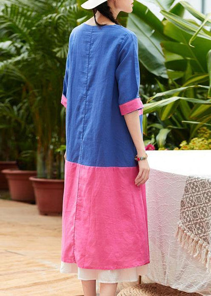 French V Neck Patchwork Linen Clothes for Blue Print Dress Summer
