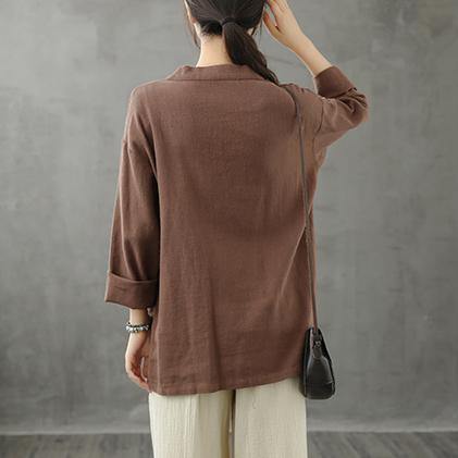 French V Neck Pockets Blouses for Work Outfits Chocolate Tops