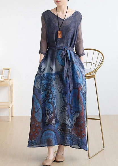 French V Neck Pockets Linen Summer Outfit Fabrics Blue Print Dress