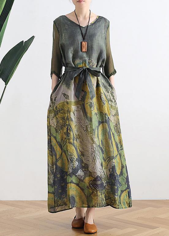 French V Neck Pockets Linen Summer Outfit Fabrics Blue Print Dress