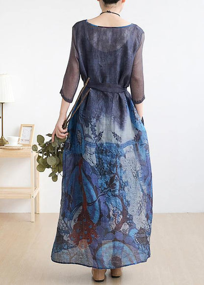 French V Neck Pockets Linen Summer Outfit Fabrics Blue Print Dress