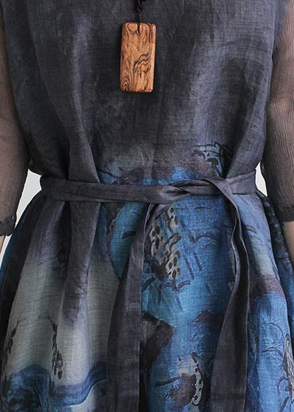 French V Neck Pockets Linen Summer Outfit Fabrics Blue Print Dress