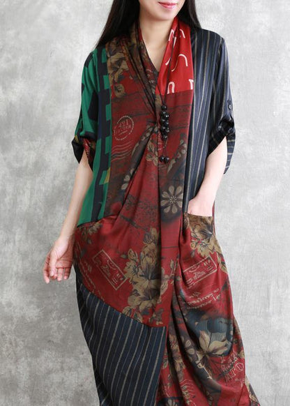 French V Neck Pockets Summer Dresses Work Red Print Dresses