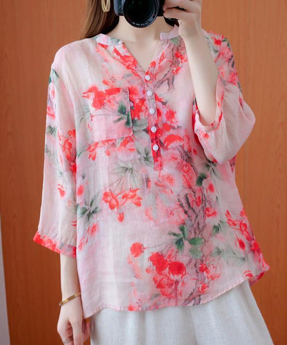French V Neck Pockets Summer Tunic Pattern Outfits Red Print Shirts