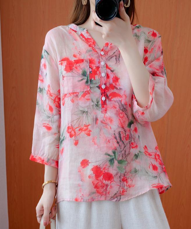 French V Neck Pockets Summer Tunic Pattern Outfits Red Print Shirts