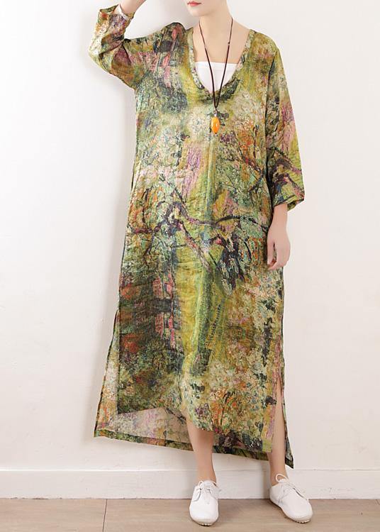 French V Neck Side Open Linen Clothes for Photography Green Print Dress