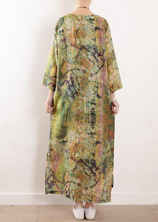 French V Neck Side Open Linen Clothes for Photography Green Print Dress