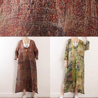 French V Neck Side Open Linen Clothes for Photography Green Print Dress