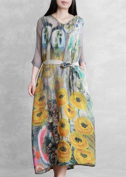 French V Neck Tie Waist Clothes Photography Yellow Print Dress