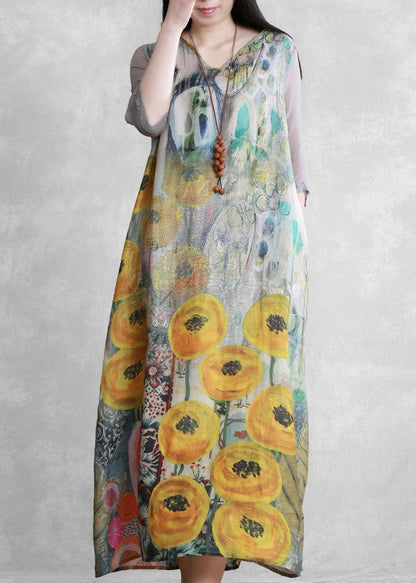French V Neck Tie Waist Clothes Photography Yellow Print Dress
