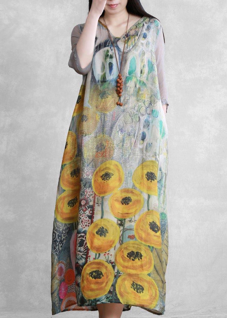 French V Neck Tie Waist Clothes Photography Yellow Print Dress