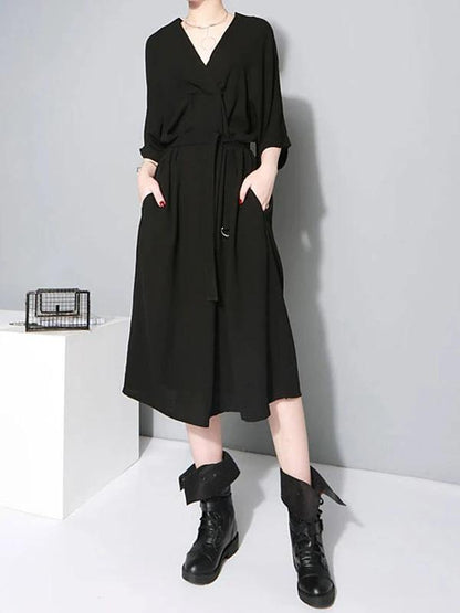 French V Neck Tie Waist Cotton Clothes for Neckline Black Robe Dresses