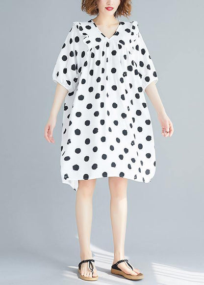 French V Neck Cinched Tunics Shirts White Dotted Dress Summer