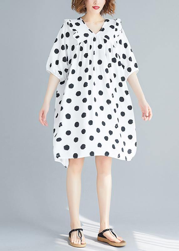 French V Neck Cinched Tunics Shirts White Dotted Dress Summer