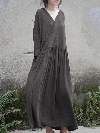 French V Neck Cinched Cotton Linen Dress Tutorials Gray Dress