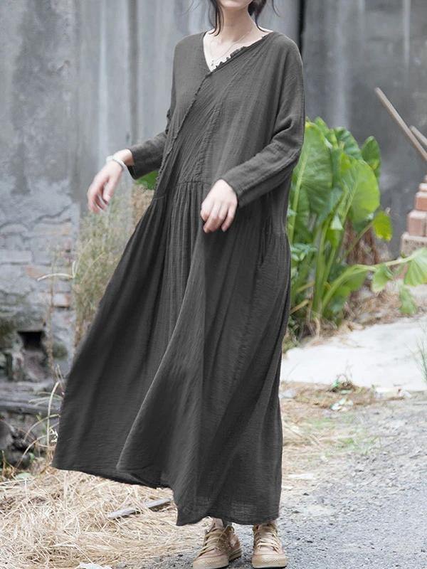 French V Neck Cinched Cotton Linen Dress Tutorials Gray Dress
