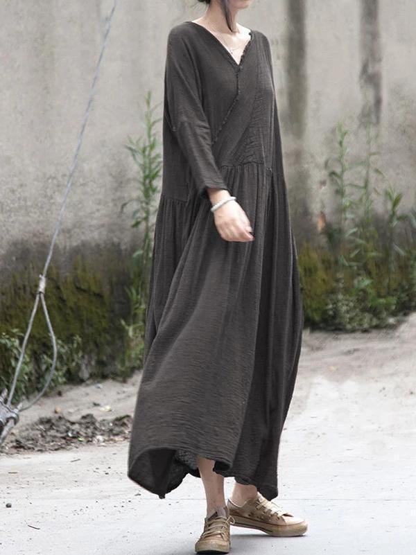 French V Neck Cinched Cotton Linen Dress Tutorials Gray Dress